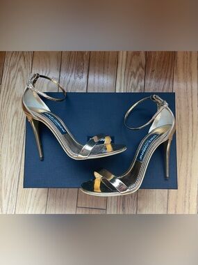 DOLCE&GABBANA Oro Gold Patent Leather Keira Stiletto High Heel Ankle Sandals 37